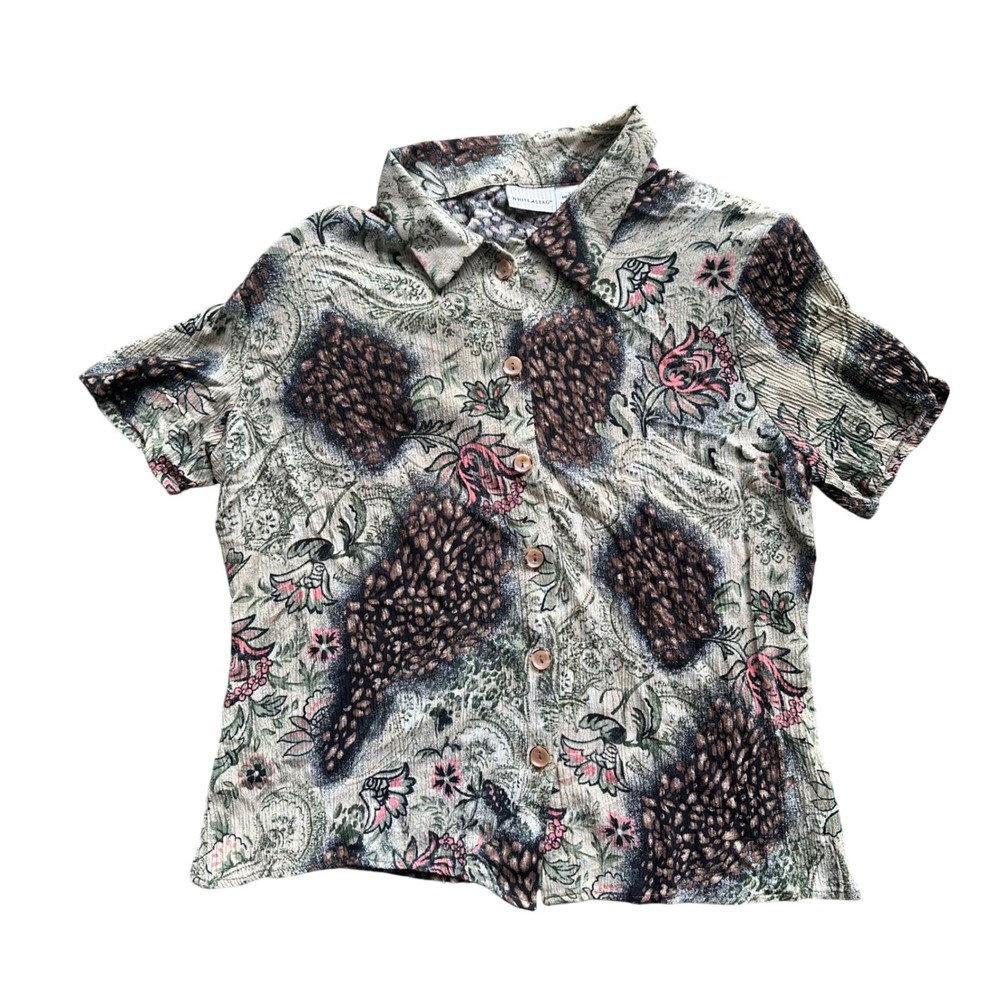 White Stag Womens Espresso Pinecone Paisley Button Up Blouse‎ Rayon Medium 8/10